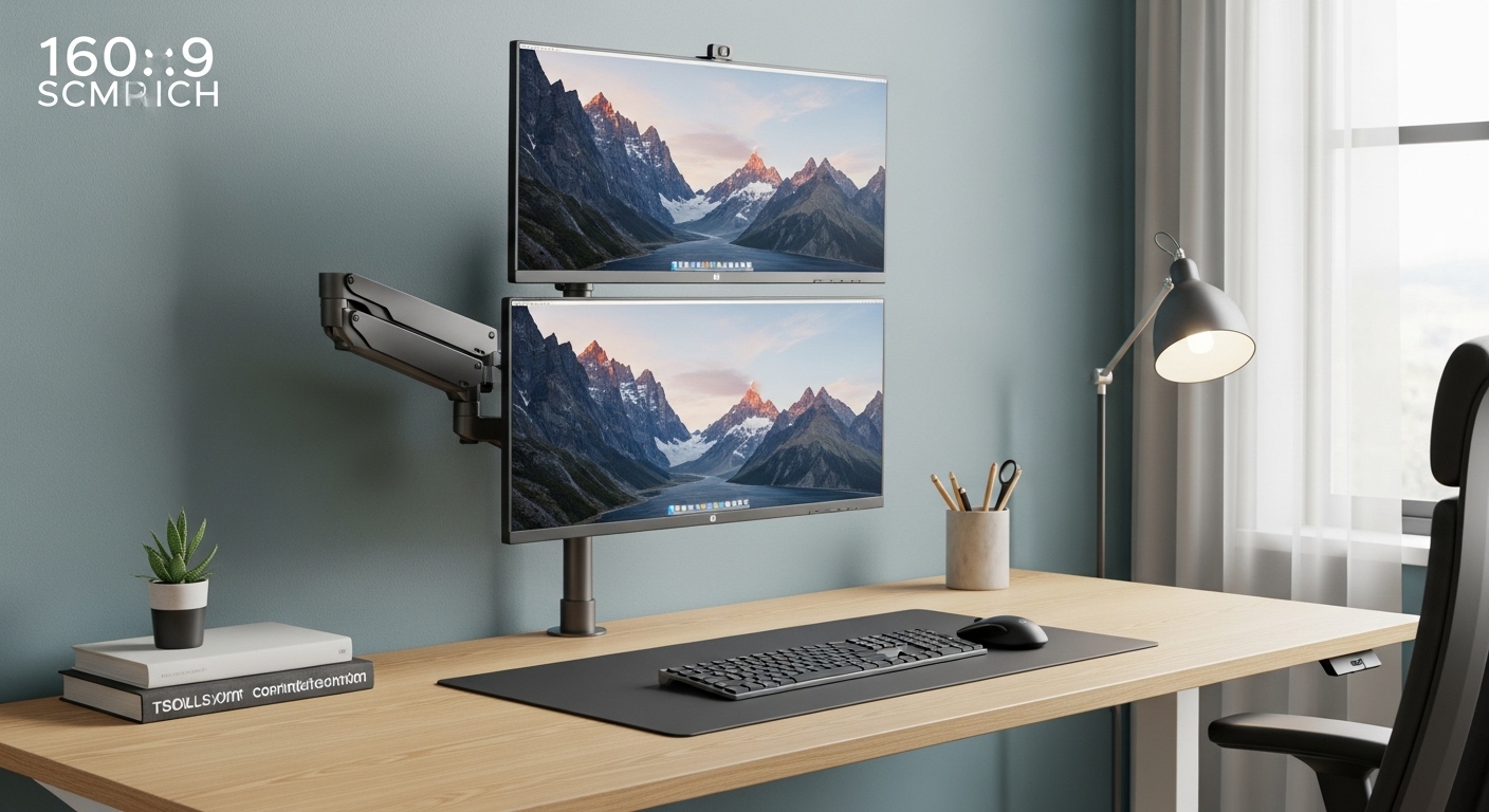 奥行50cmのデスクでデュアルモニターを縦積みにしたレイアウト。モニターアームを使い、デスクの天板スペースを確保している。