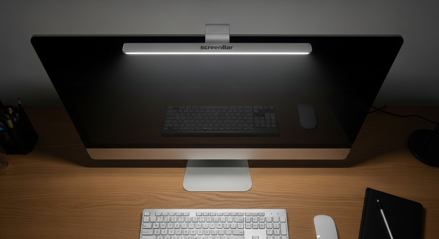 BenQ ScreenBarがモニターに光を反射させず、手元のキーボードだけを非対称配光で照らしている様子。