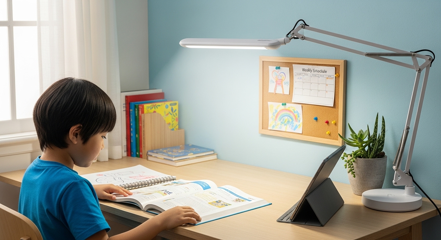 BenQ MindDuoが学習机全体を95cmの広範囲で均一に照らし、日本の子供が勉強している様子。