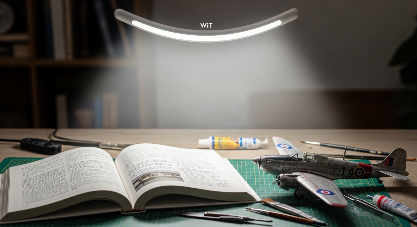 BenQ WiTのスマイル型ヘッドが、読書用の本と趣味のプラモデルを広範囲に照らしている様子。