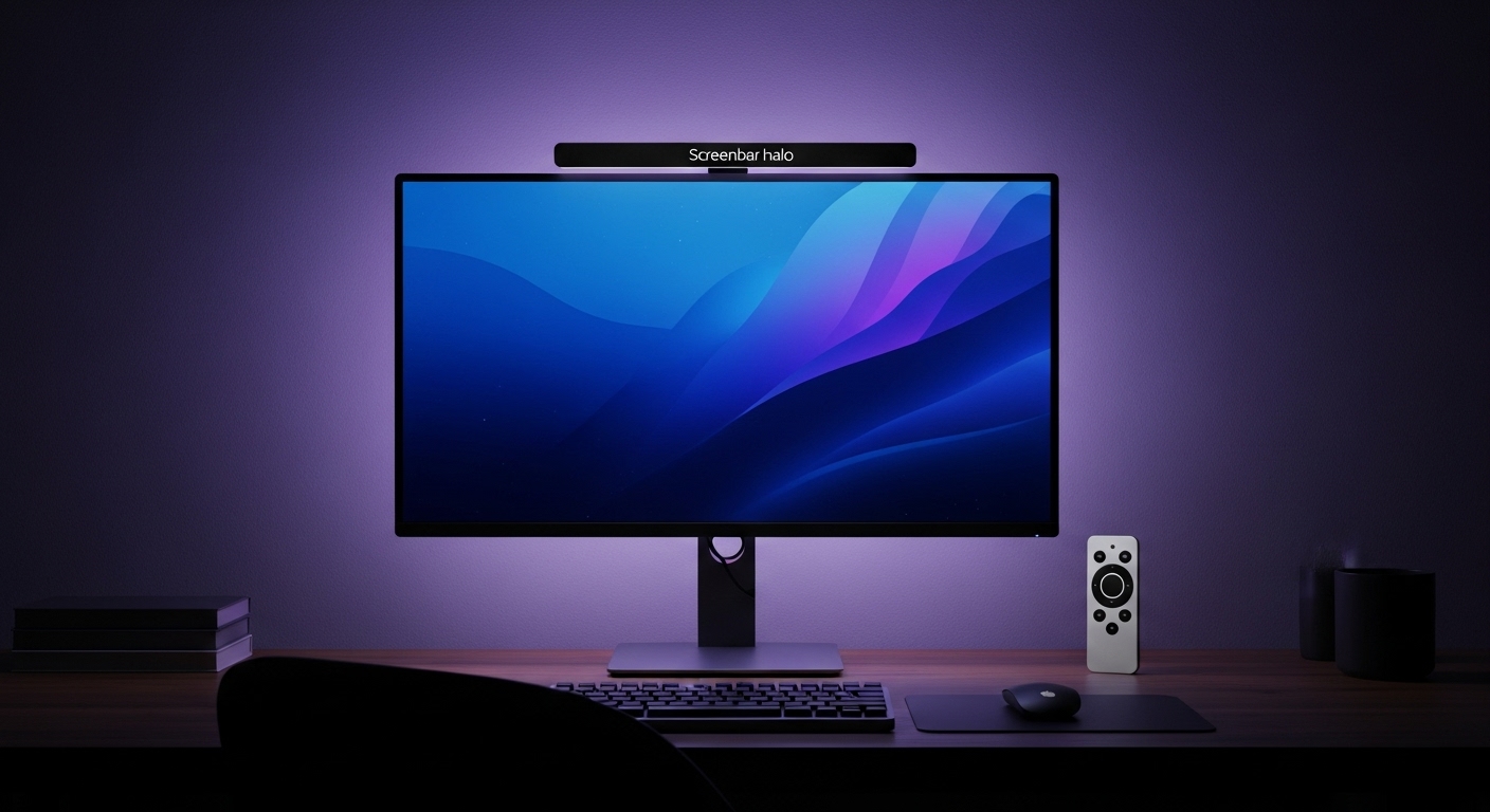 BenQ ScreenBar Haloが設置された、おしゃれな在宅勤務（リモートワーク）用のデスク環境。バックライトが壁を照らしている。