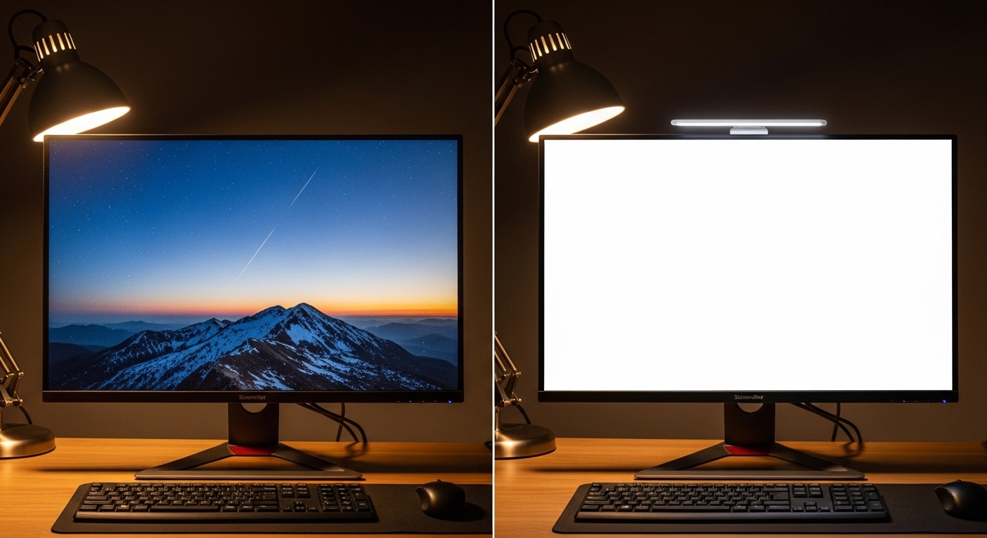 一般的なデスクライト（左側）とBenQ ScreenBar（右側）のモニター映り込み（グレア）の違いを比較した画像。
