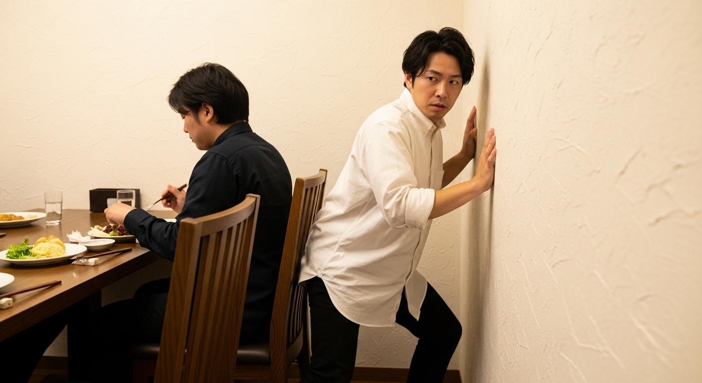 大きなダイニングテーブルと壁の間を、狭そうに体を横にして通り抜けようとする日本人の男性