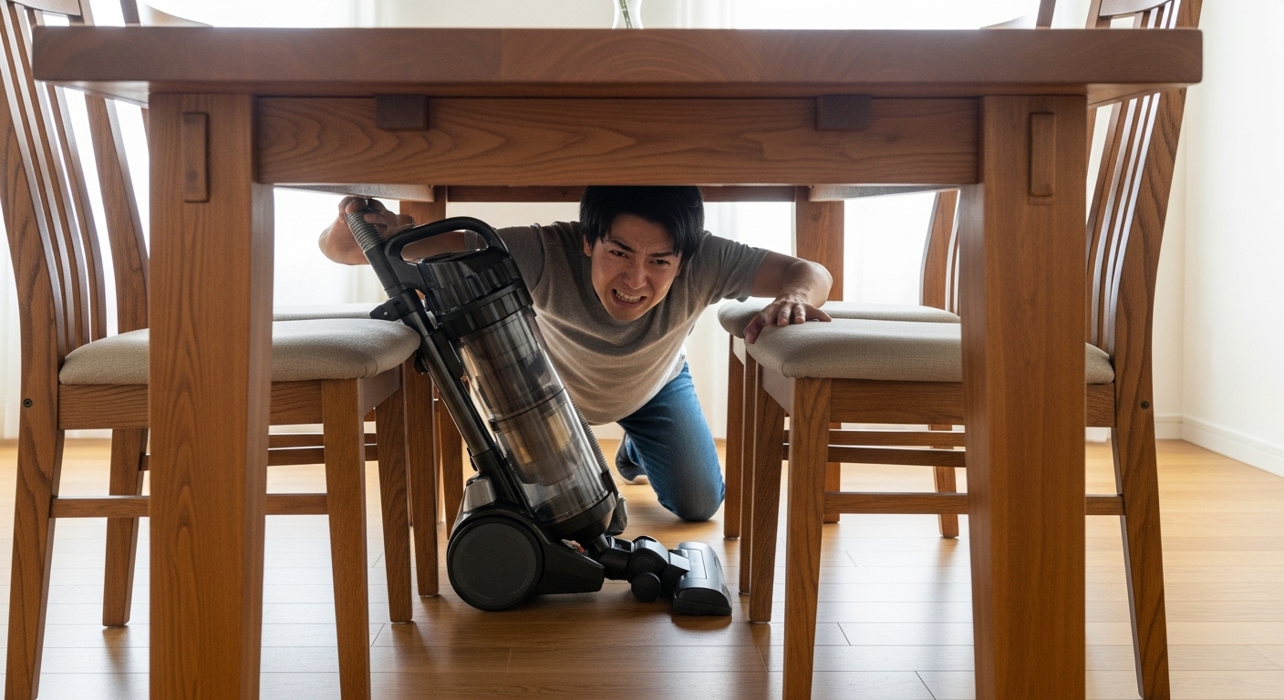 重くて大きいダイニングテーブルの下を、苦労しながら掃除機で掃除しようとする日本人の男性