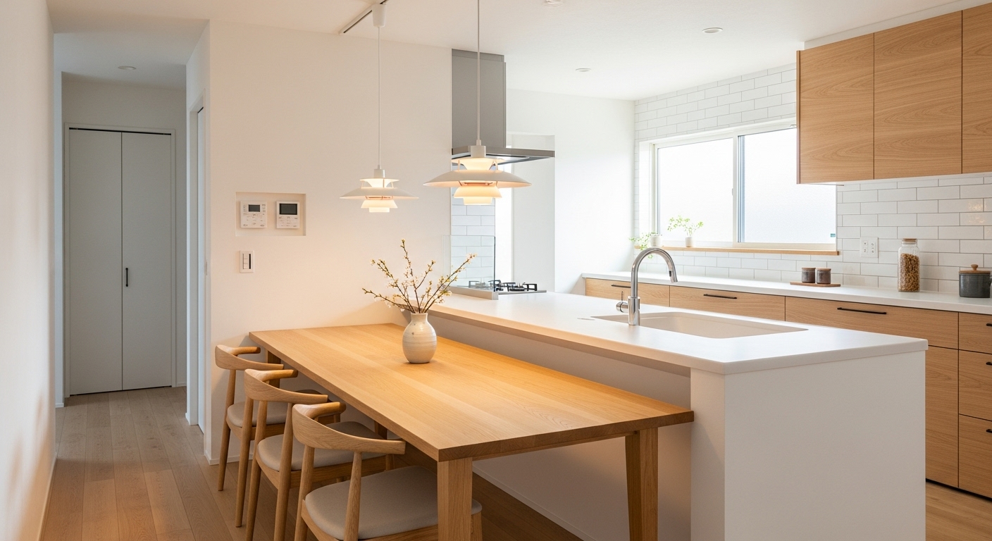 キッチンカウンターに片側をぴったりと壁付けしたダイニングテーブルのレイアウト例