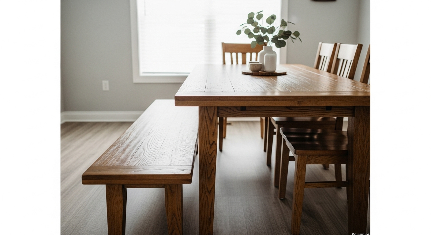 使わない時にテーブルの下にすっきりと収納されたダイニングベンチ