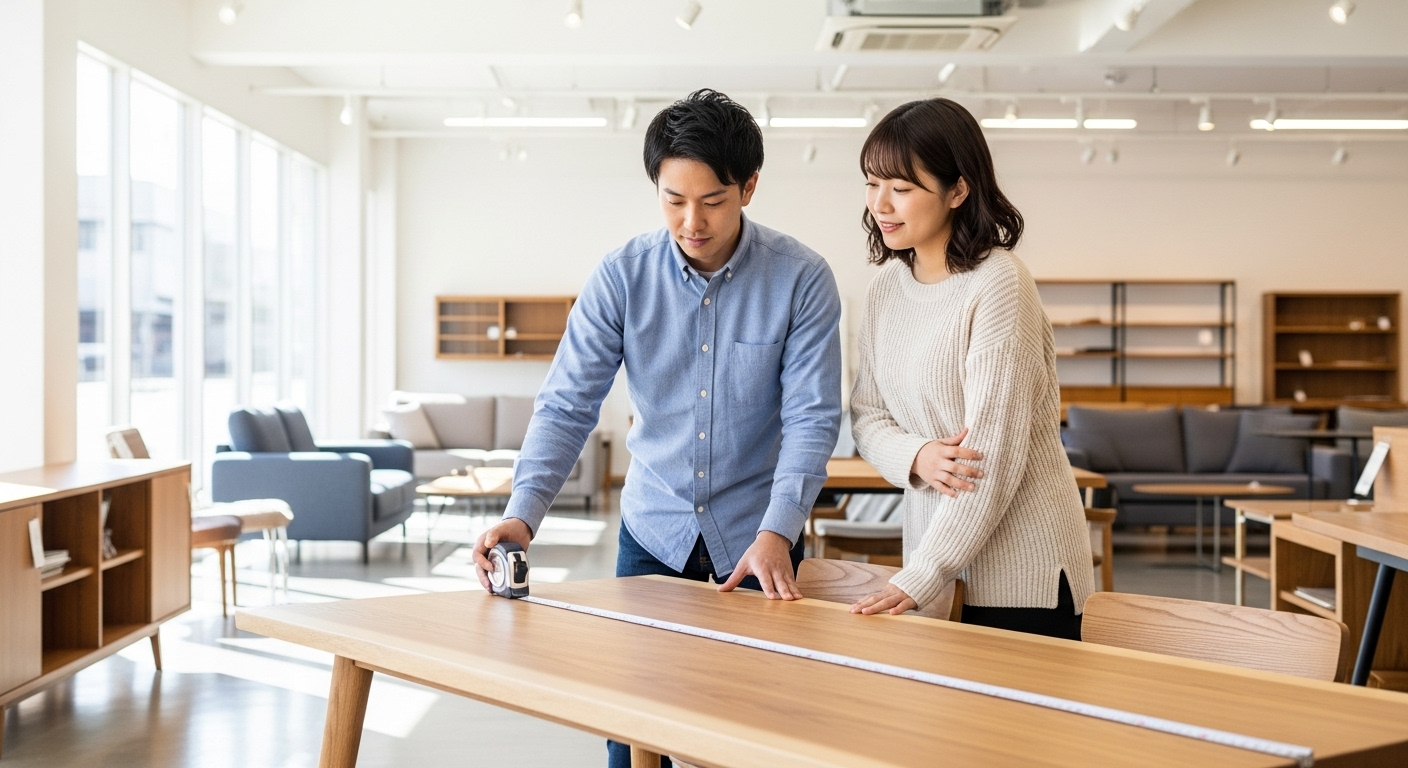 家具店でメジャーを使ってダイニングテーブルのサイズを測り、慎重に選んでいる日本人夫婦