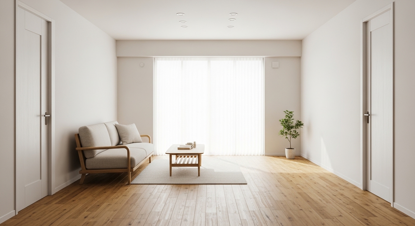 ダイニングテーブルをやめて広くなった、日当たりの良いリビングルームのイメージ。