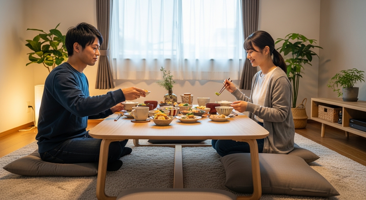 ローテーブルを囲み、床に座ってリラックスしながら食事をする日本の夫婦。