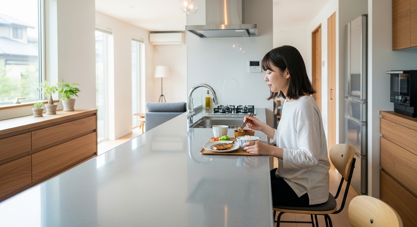 モダンなキッチンカウンターで朝食をとる、効率的な暮らしのイメージ。