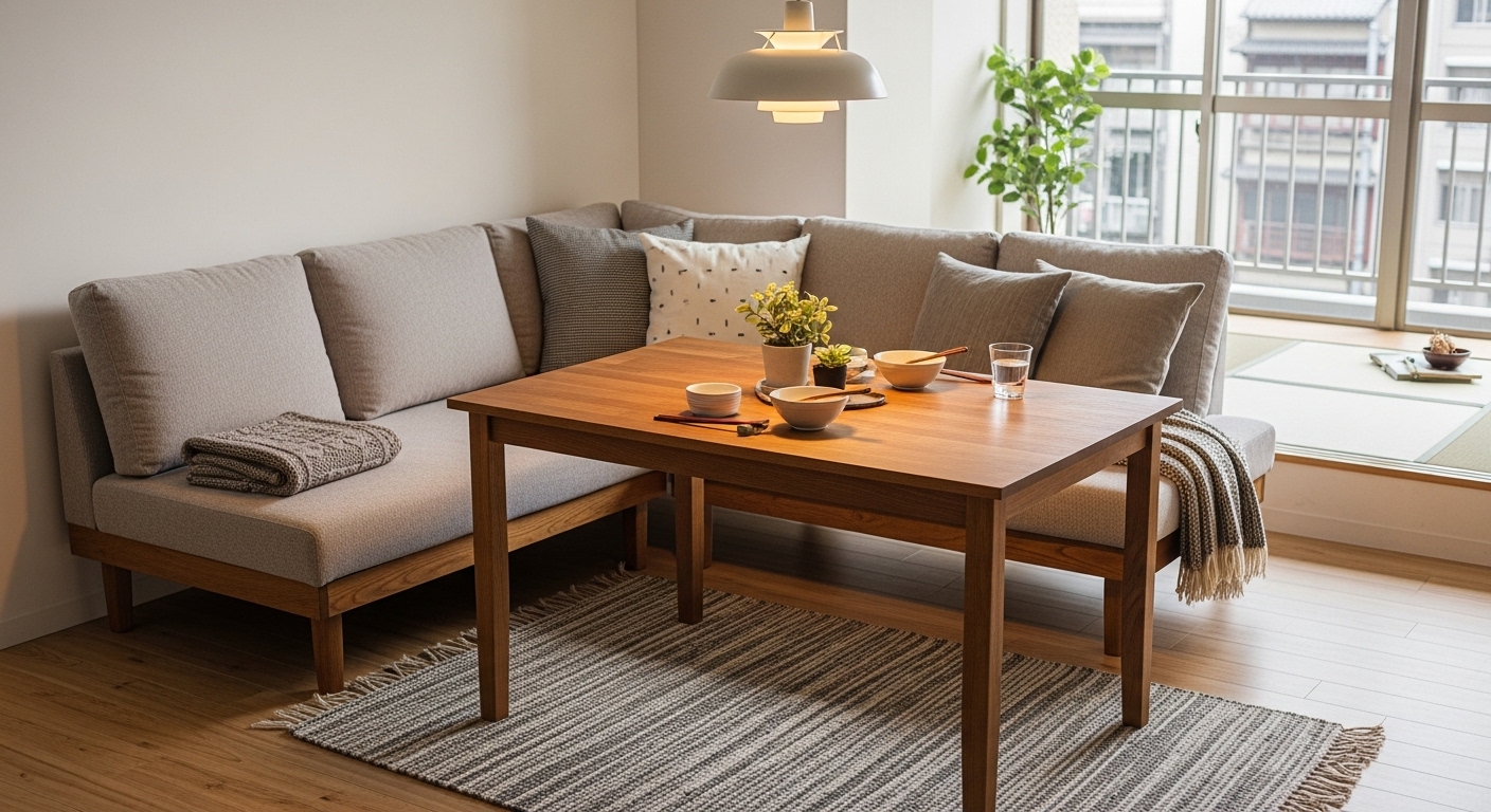 リビングとダイニングを兼用できる、省スペースなソファダイニングセット。