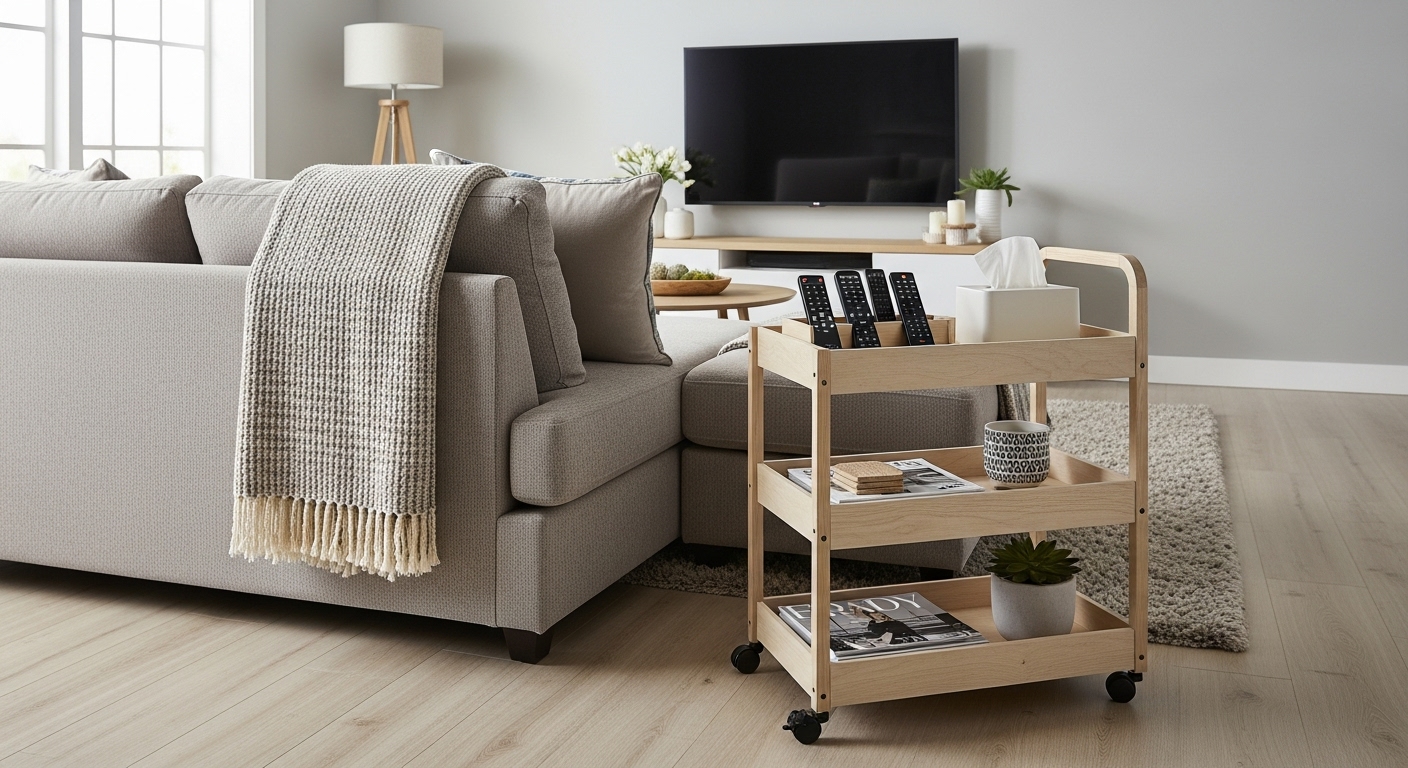 ソファの横に置かれたサイドワゴン。リビングの小物を整理整頓する散らかり対策。