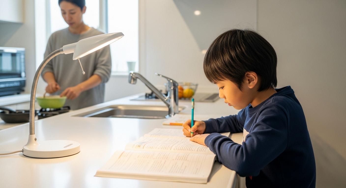 ダイニングテーブルの代わりに、キッチンカウンターでリビング学習をする日本の子供。