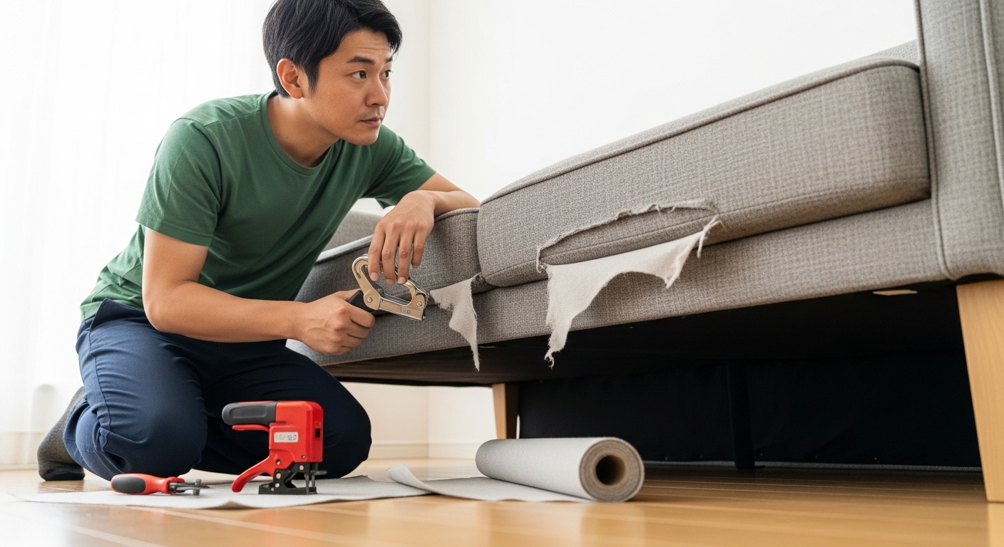 ソファの裏地を張り替えるためにDIYの準備をする様子