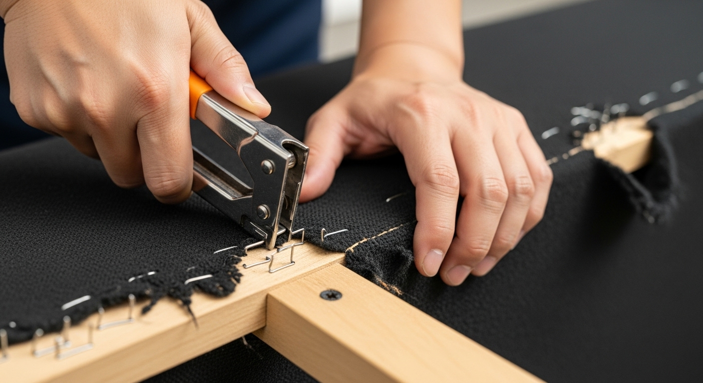 ステープルリムーバーを使ってソファの古い不織布を剥がす作業