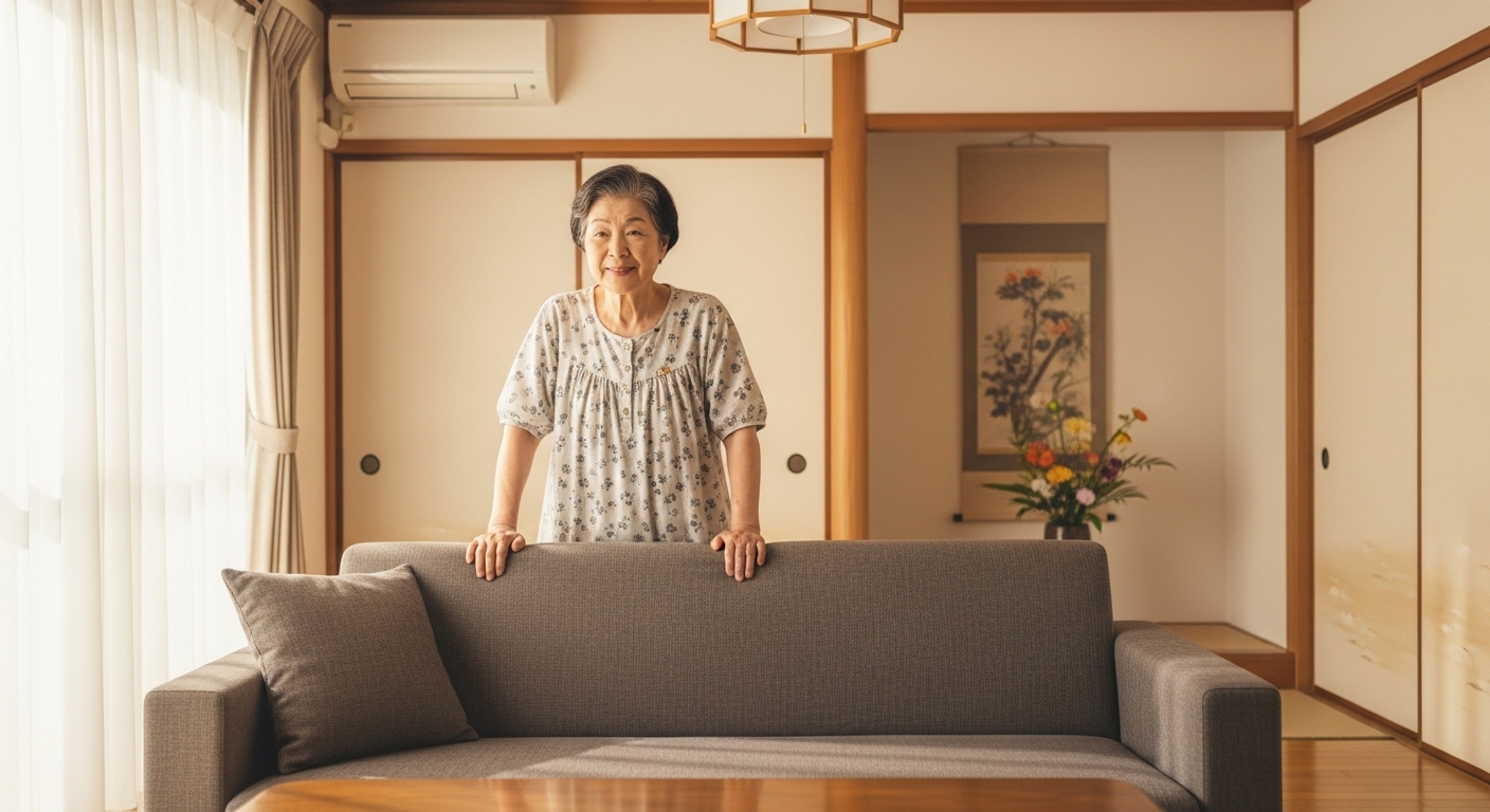 適切な高さの肘掛け付きソファから楽に立ち上がる高齢の日本人女性