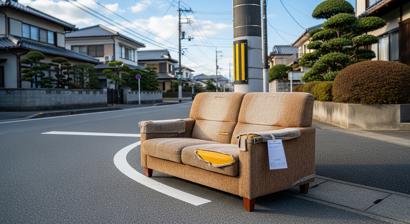 自治体の粗大ゴミとして収集場所に置かれた古いソファ