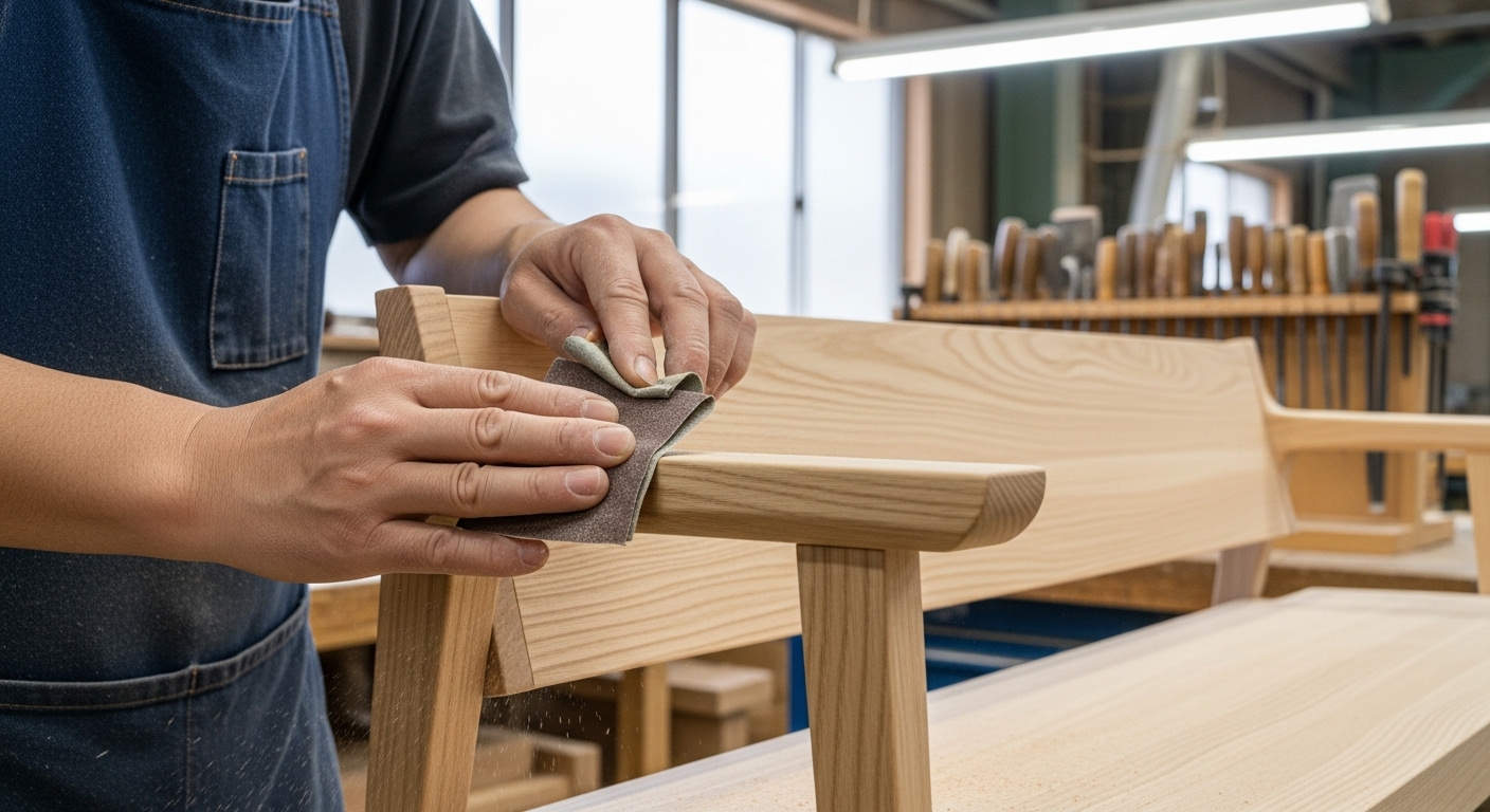 日本の家具工場で、職人がカリモクソファの木製アームフレームを丁寧に研磨している作業風景。
