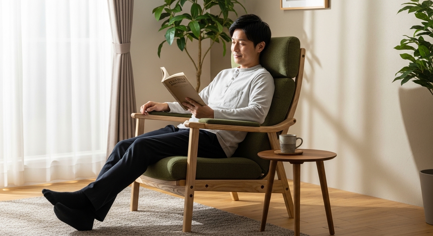 カリモクのハイバックソファに深く座り、首と腰がサポートされ快適にくつろぐ30代の日本人男性。