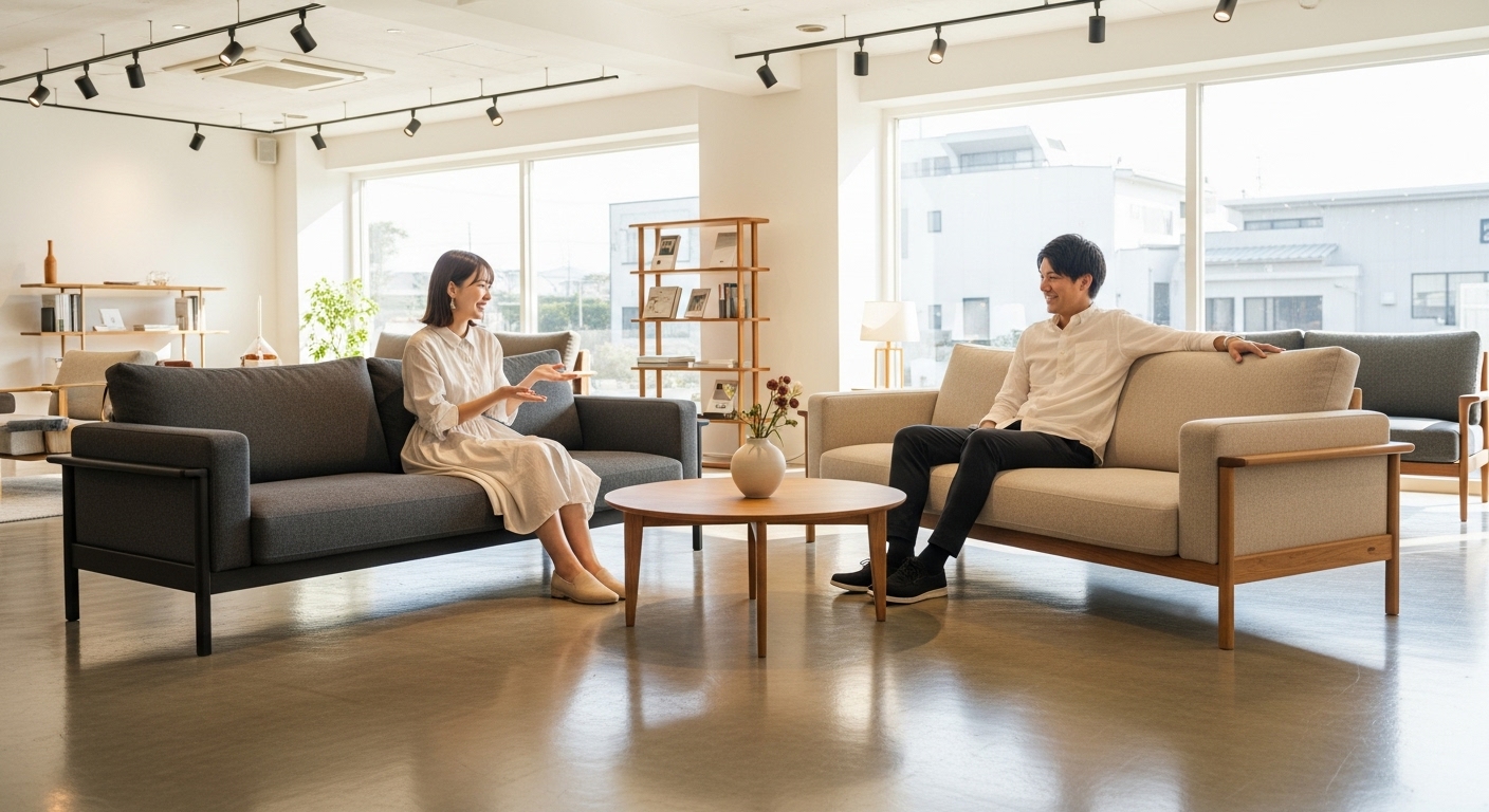 家具ショールームで、2種類のカリモクソファに座り比べている若い日本人カップル。