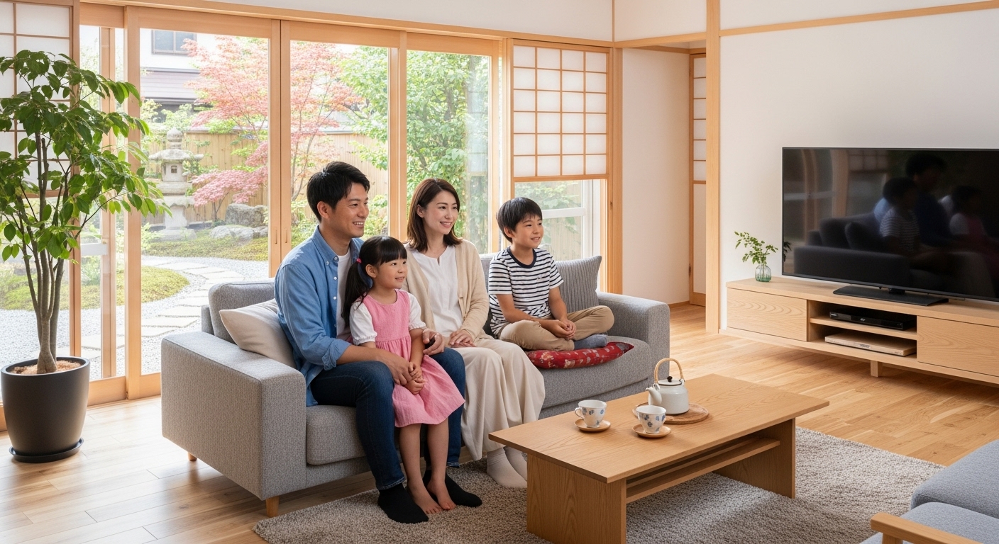 ソファの正面にテレビが置かれた、理想的な位置関係のリビングルームでくつろぐ家族。