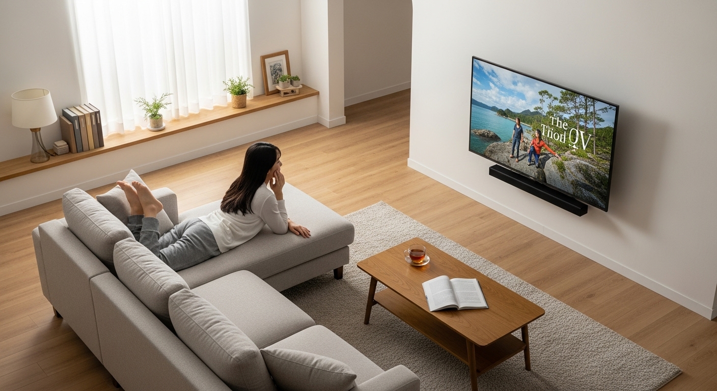 L字ソファの寝椅子部分に寝転んで、側面にあるテレビを快適に見ている日本人女性。
