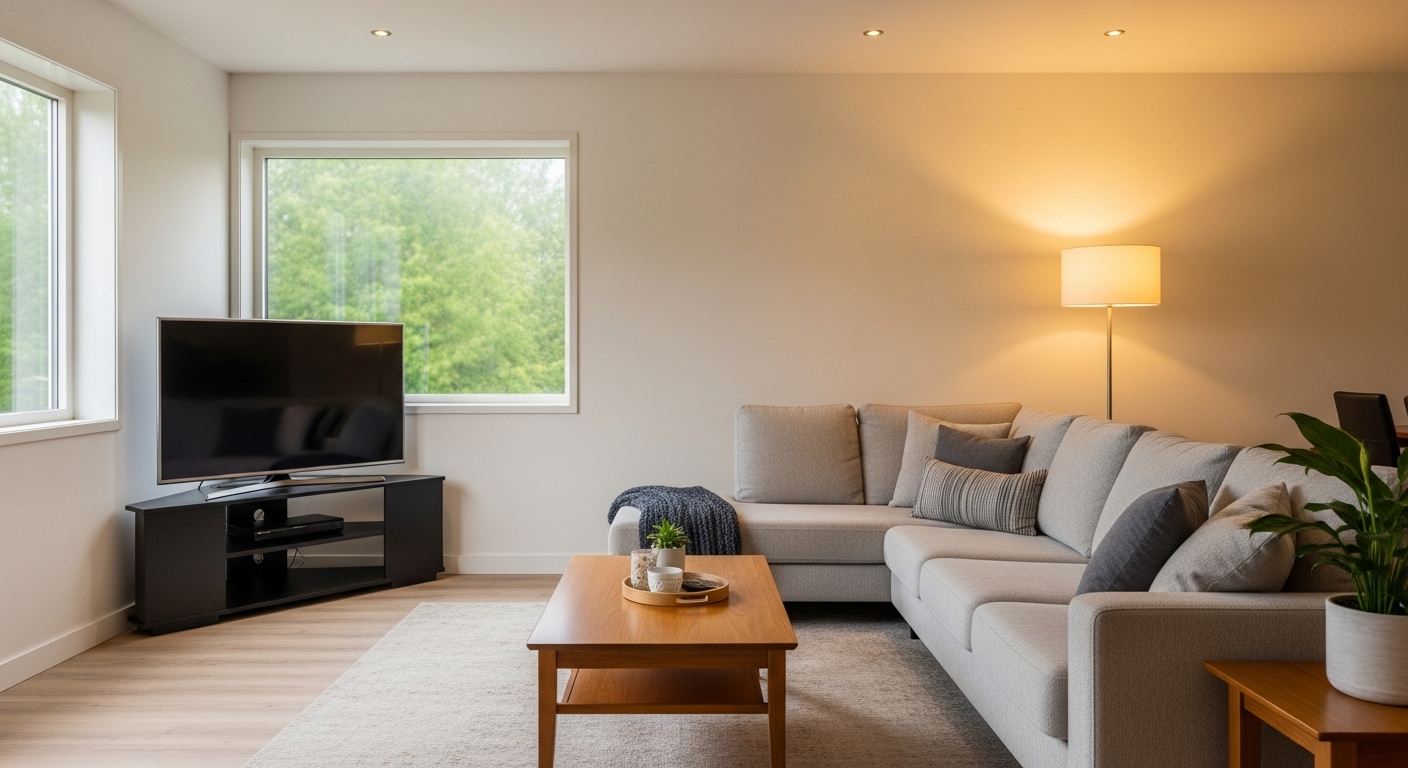 部屋の角(コーナー)に、専用のテレビ台を使って斜め置きされたテレビ。