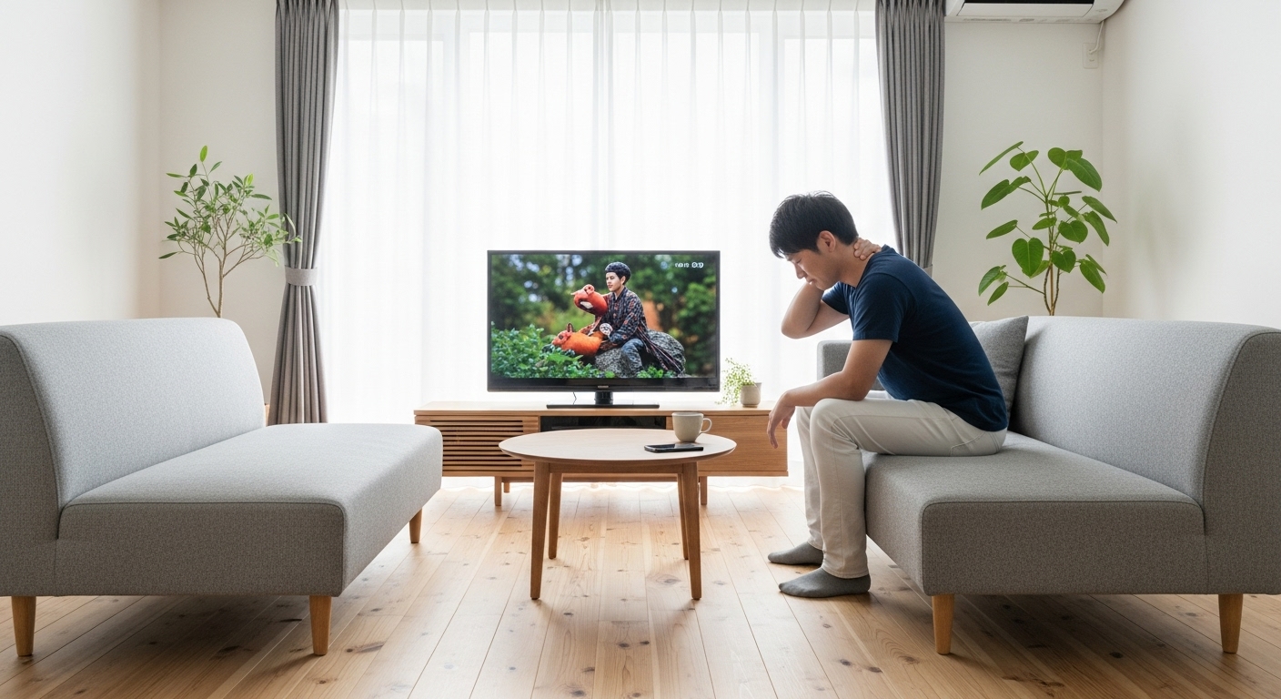 テレビとソファが直角に配置されたリビングで、ソファから体を乗り出し、痛そうに首をさすりながらテレビを横から見ている男性。