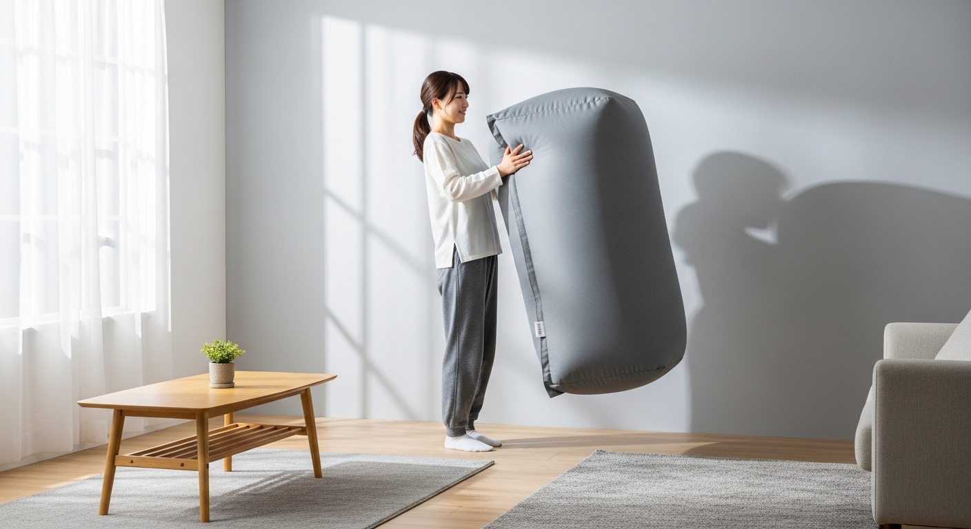 若い日本人女性がヨギボーを壁に立てかけて収納している様子