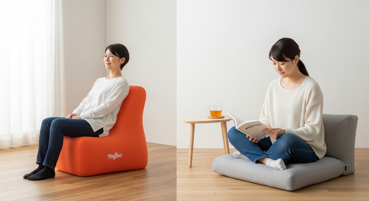 ヨギボー(背もたれ使用)と無印良品(座布団使用)の座り方の違いを比較