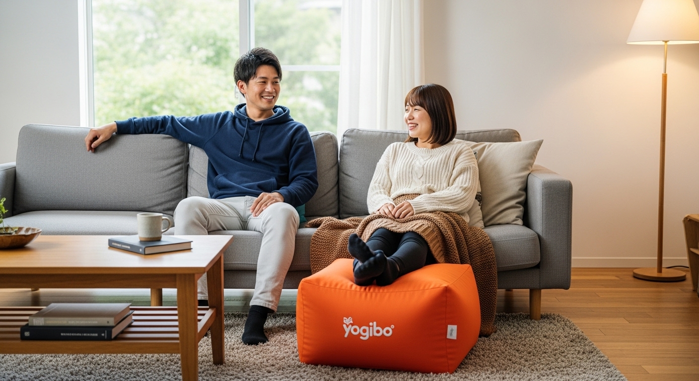 ソファに座りながら、ヨギボーをオットマンとして足置きに使いリラックスしている日本人カップル