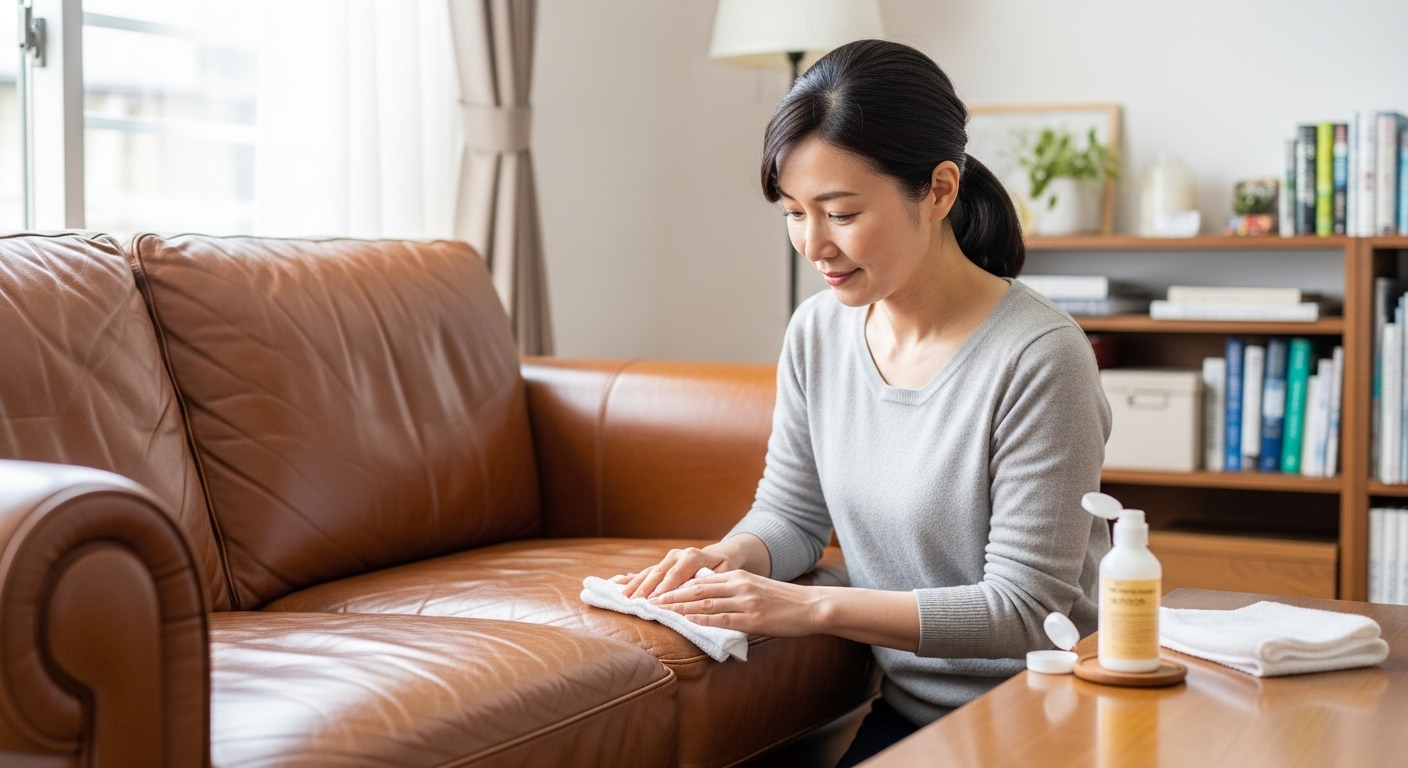 本革ソファに専用の保湿クリームを塗って手入れする日本人女性。