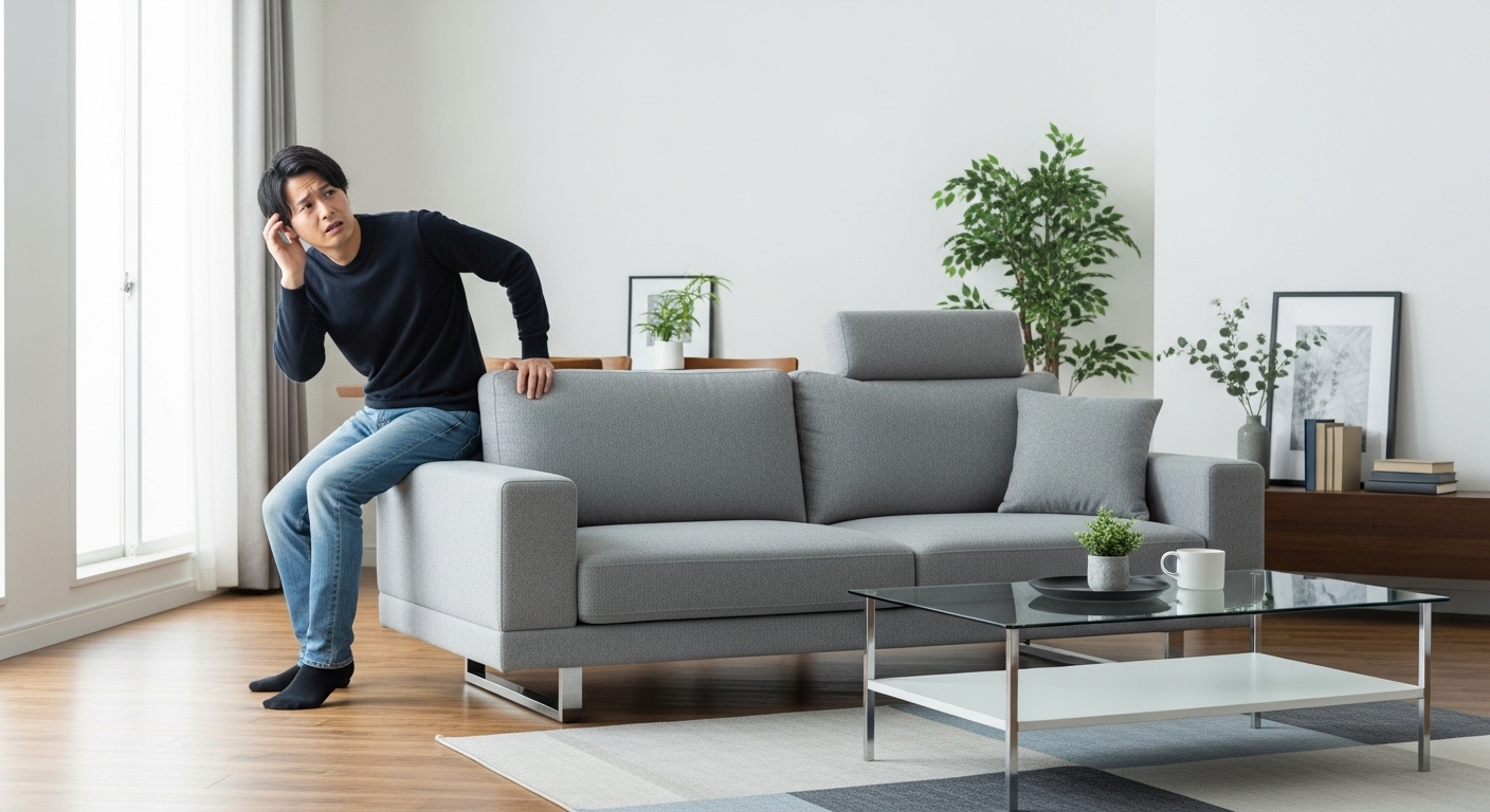 新品のソファがギシギシ鳴ることに困惑し、耳を傾ける日本人