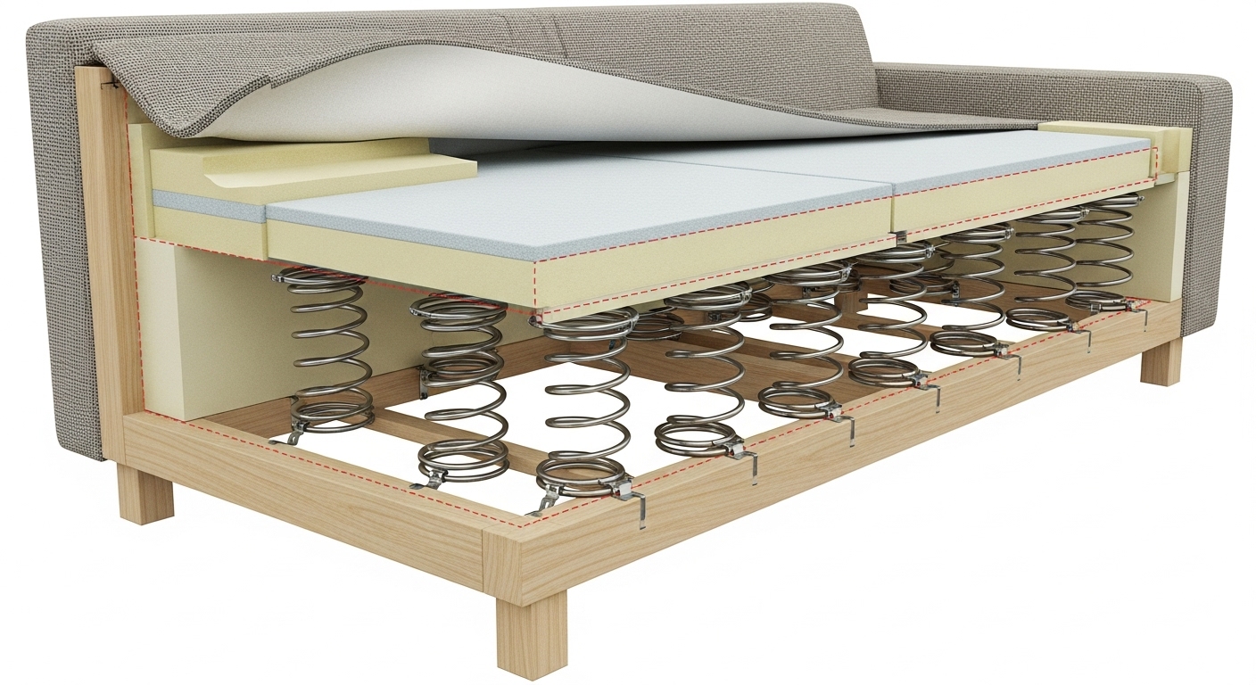 ソファの内部構造の断面図。Sバネと木製フレームがギシギシ音の原因箇所として示されている。