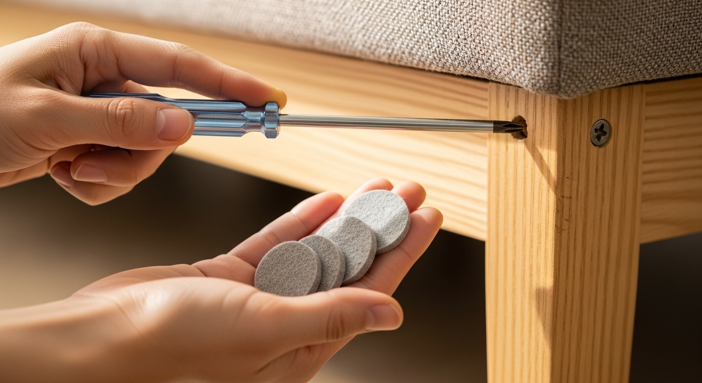 ソファのギシギシ音を直すため、ドライバーとフェルトパッドを準備している日本人の手元