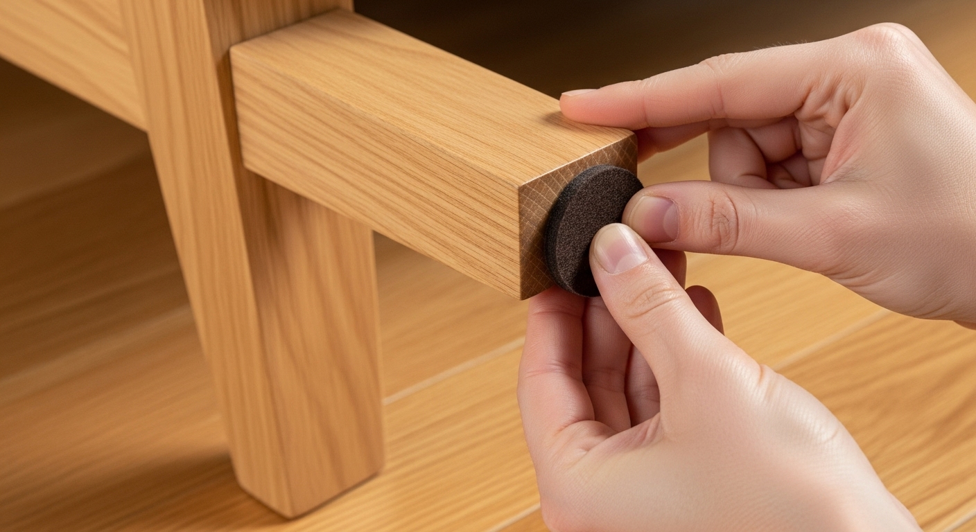 ソファの脚の裏に、床の傷防止とギシギシ音対策のためのフェルト製緩衝材を貼り付けている様子