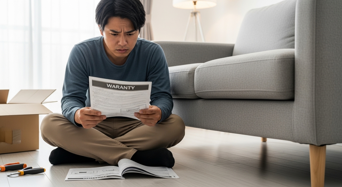 新品のソファの横で、ギシギシ音が保証対象になるか保証書を確認している日本人