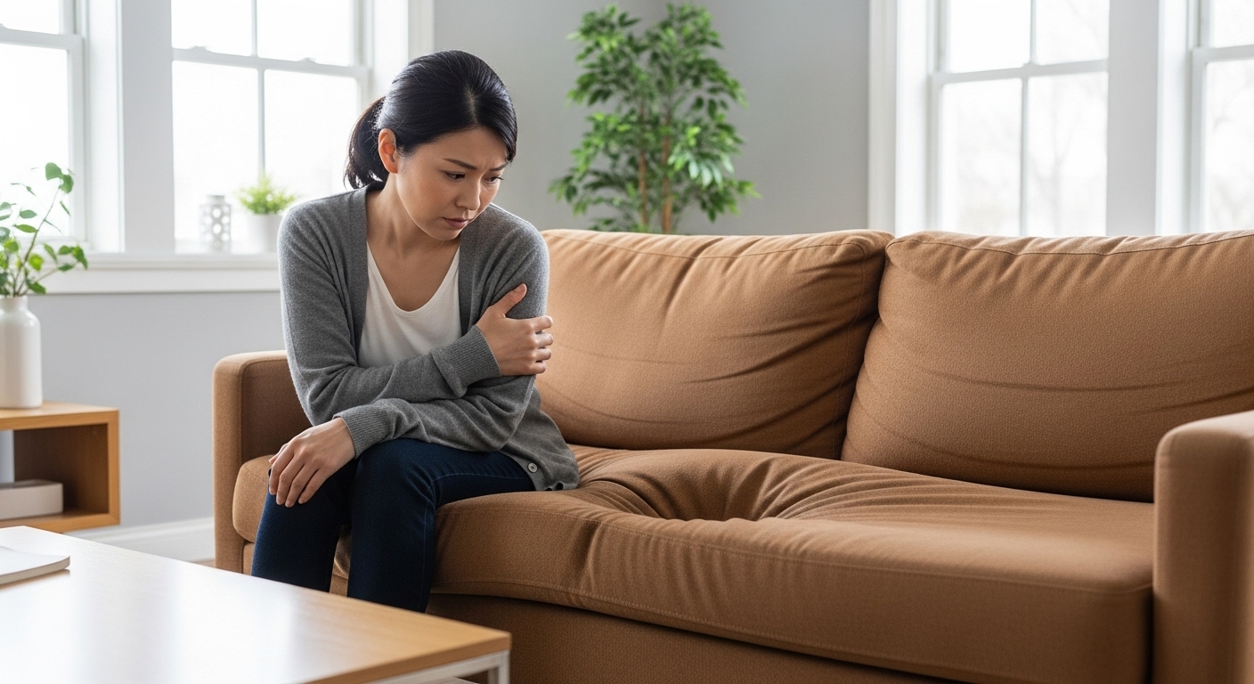 リビングルームで、座面が沈み込んだ(へたった)ソファを見て困った表情を浮かべる日本人女性。