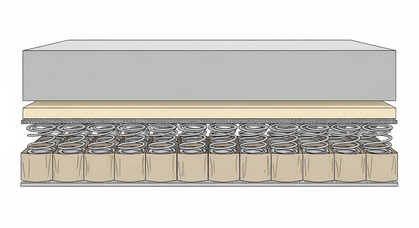 ソファのクッション内部構造を示す断面図。上層の高密度ウレタンと下層のポケットコイルが見える。