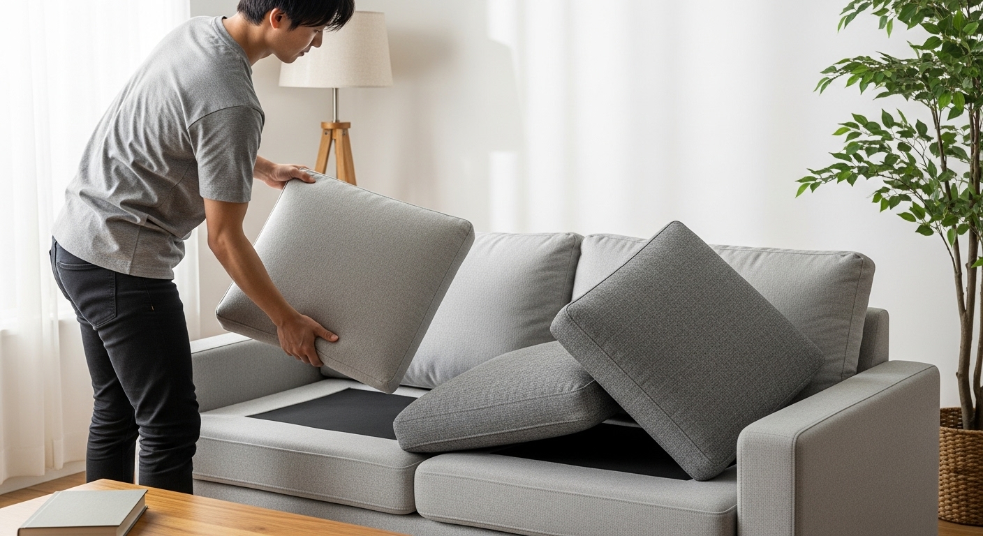 リビングでソファの座面クッションをローテーション(入れ替え)し、へたりを予防している日本人男性。