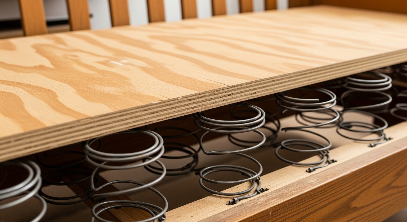 ソファのクッションが取り外され、Sバネの上に沈み込み防止用の合板(ベニヤ板)が設置された状態のクローズアップ。