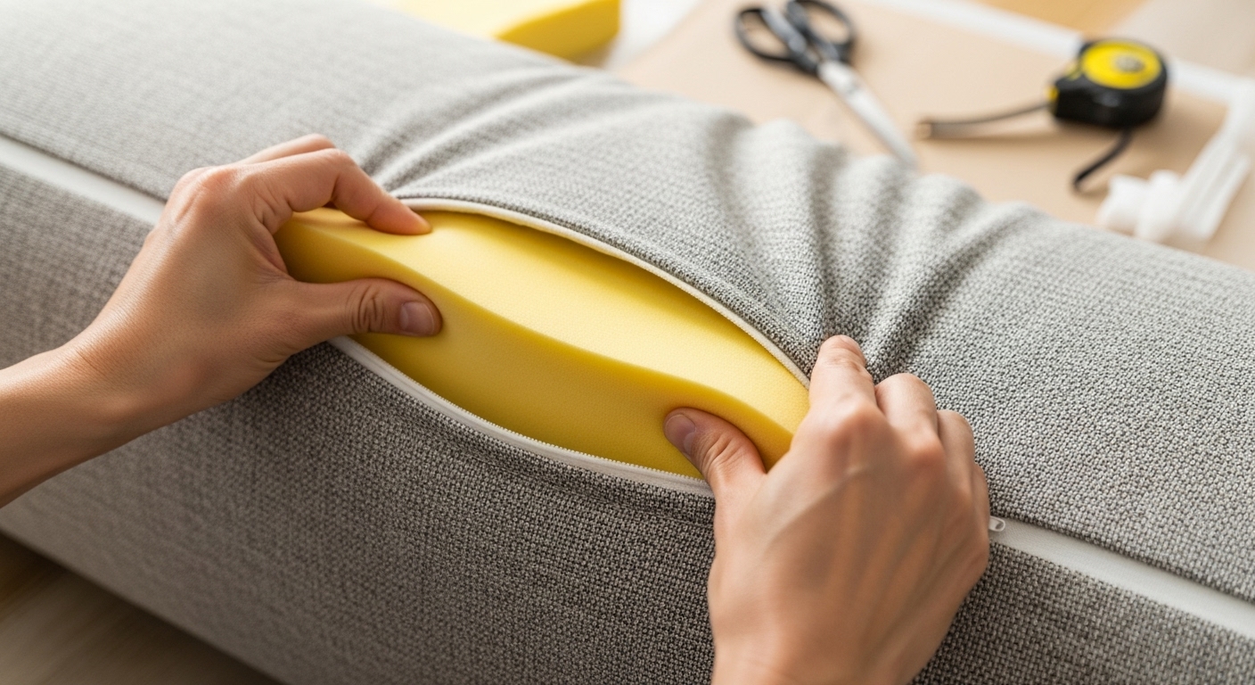 ファスナー付きのソファクッションカバーに、DIYで新しくカットした黄色いウレタンフォームを詰めている作業の手元。