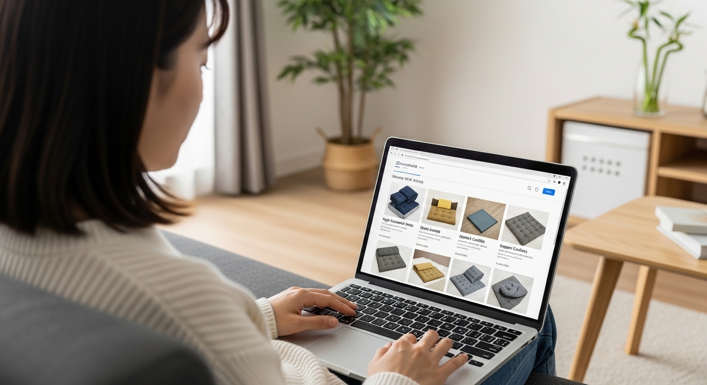 ソファに座りながら、ノートパソコンで通販サイトのソファ用高反発マットやサポートクッションを検索する日本人女性。