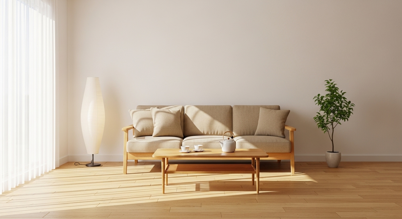 ナチュラルな木製フレームのソファが置かれた、日当たりの良いリビングルーム。