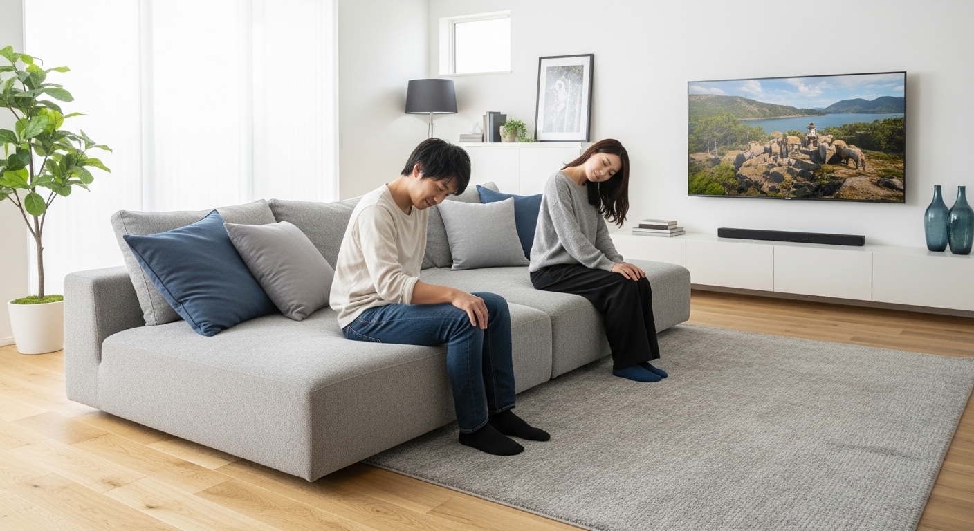 リビング中央のアイランドソファに座る2人の日本人。テレビに対して斜めや横向きで、首を不自然にひねっている様子。